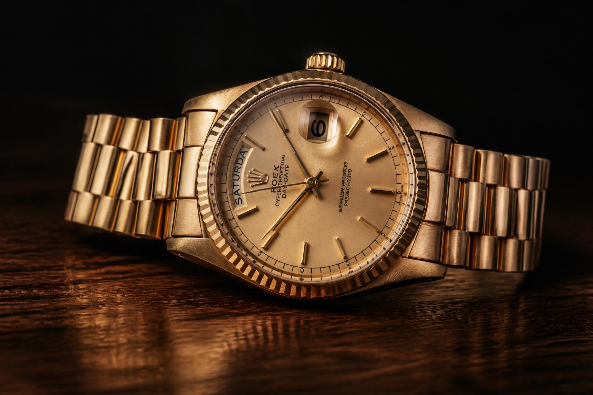 Vintage Rolex Day-Date aus Gelbgold auf dunklem Holz – Symbol für den Luxusuhrenankauf bei watchy.ch